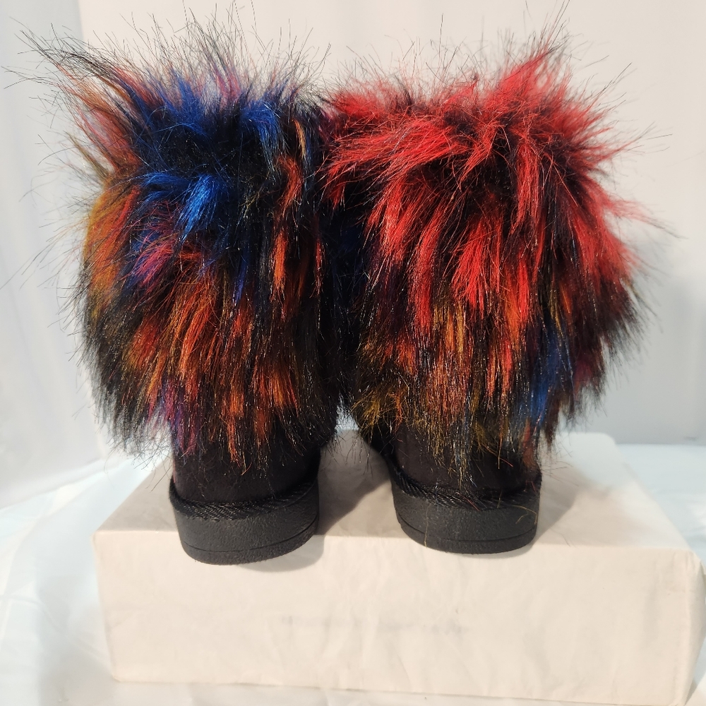 JUSTFAB MULTICOLOR CARRIE FAUX-FUR FUZZY BLACK ANKLE BOOTS 6 - Picture 3 of 9